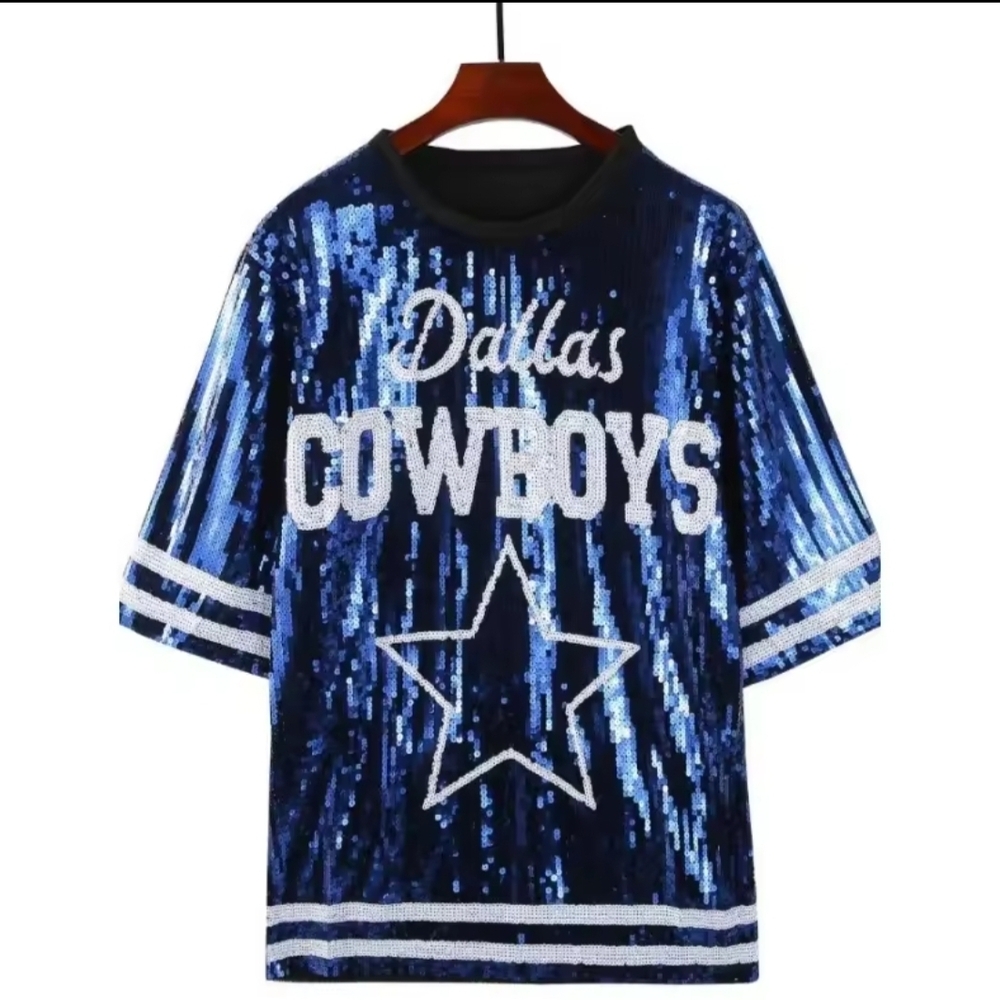 Ladies Dallas Cowboys Sequin Jersey - Blue and White